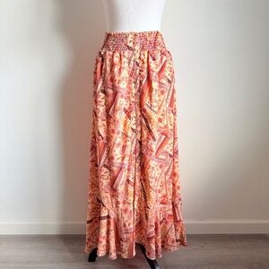 Willow + Root Button Split Front Boho Patchwork Semi Sheer Beach Maxi Skirt XS